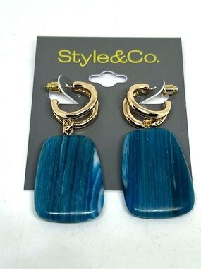 Style & Co. Gold Hoop Blue Stone Drop Earrings NWT